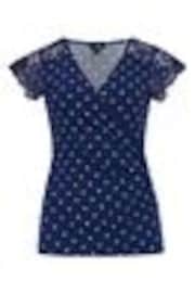 Pour Moi Blue Polka Dot Julie Fuller Bust Slinky Jersey Lace Trim Wrap Top - Image 1 of 1