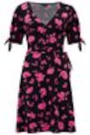 Pour Moi Black & Pink Floral Bella Fuller Bust Slinky Stretch Tie Sleeve Mini Dress - Image 1 of 1