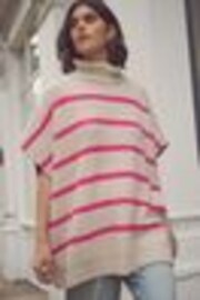 Ecru/Pink Stripe Roll Neck Knitted Containing Alpacca Wool Poncho - Image 1 of 1