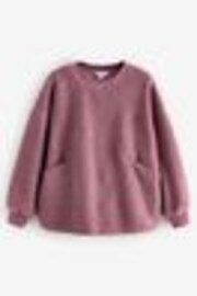 Blush Pink Floral Graphic Print Relaxed Fit Teddy Borg Fleece Cord Back Longline Crew Neck Sweatshirt - Image 1 of 1