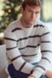 Ecru White Stripe Regular Fit Signature 100% Merino Wool Crew Jumper - Image 1 of 1