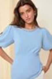 Friends Like These Blue Puff Sleeve Embellished Neck Trim Blouse - Image 1 of 1