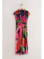 Navy Floral Pleated Mesh Print V-Neck Occasion Midi Dress - Image 1 of 1