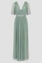 Monsoon Green Ellie Sheer Sleeve Plunge Tulle Maxi Dress - Image 1 of 1