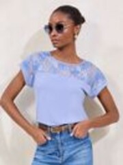 Lipsy Blue Lace Yoke Detail T-Shirt - Image 1 of 1