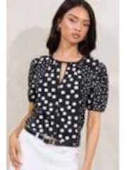Lipsy Black Short Sleeve Printed Crinkle Top - Image 1 of 1