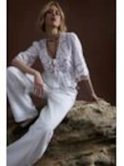 River Island White 100% Cotton 3/4 Sleeve Tie Front Cutwork Blouse - Image 1 of 1