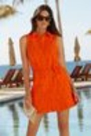 Lipsy Orange Broderie Petite Sleeveless Tie Waist Mini Shirt Dress - Image 1 of 1