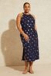 Love & Roses Navy Foil Palm Curve Print Jersey Halter Waist Tie Midi Dress - Image 1 of 1