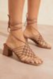 Love & Roses Taupe Brown Block Heeled Strappy Ankle Tie Low Sandals - Image 1 of 1