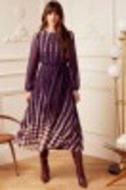 Love & Roses Berry Red Polka Dot Printed Belted Pleated Long Sleeve Midi Dress - Image 1 of 1