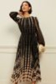 Love & Roses Mono Spot Petite Printed Belted Pleated Long Sleeve Midi Dress - Image 1 of 1