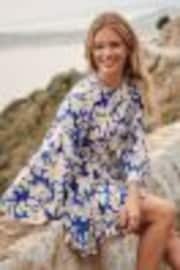 Friends Like These Blue Paisley Flare Sleeve Round Neck Godet Belted Mini Dress - Image 1 of 1