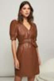 Lipsy Tan Faux Leather Belted Mini Wrap Dress - Image 1 of 1