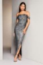 Lipsy Silver Sequin Bardot Split Drape Maxi Dress - Image 1 of 1
