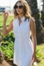 Lipsy White Broderie Sleeveless Tie Waist Mini Holiday Shop Shirt Dress - Image 1 of 1