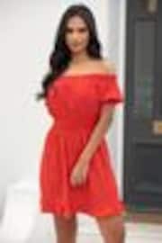 Pour Moi Red Eloise Puff Sleeve Woven Bardot Dress - Image 1 of 1