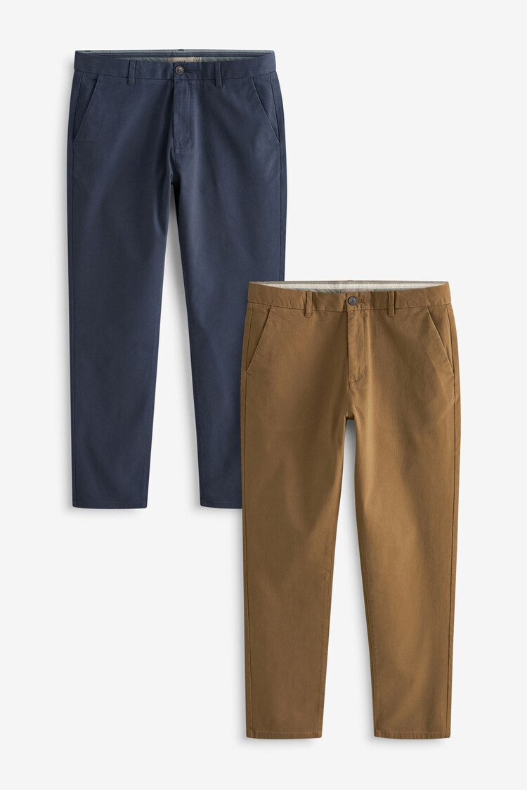 French Navy Blue/Tan Brown Straight Fit Stretch Chino Trousers 2 Pack - Image 1 of 1