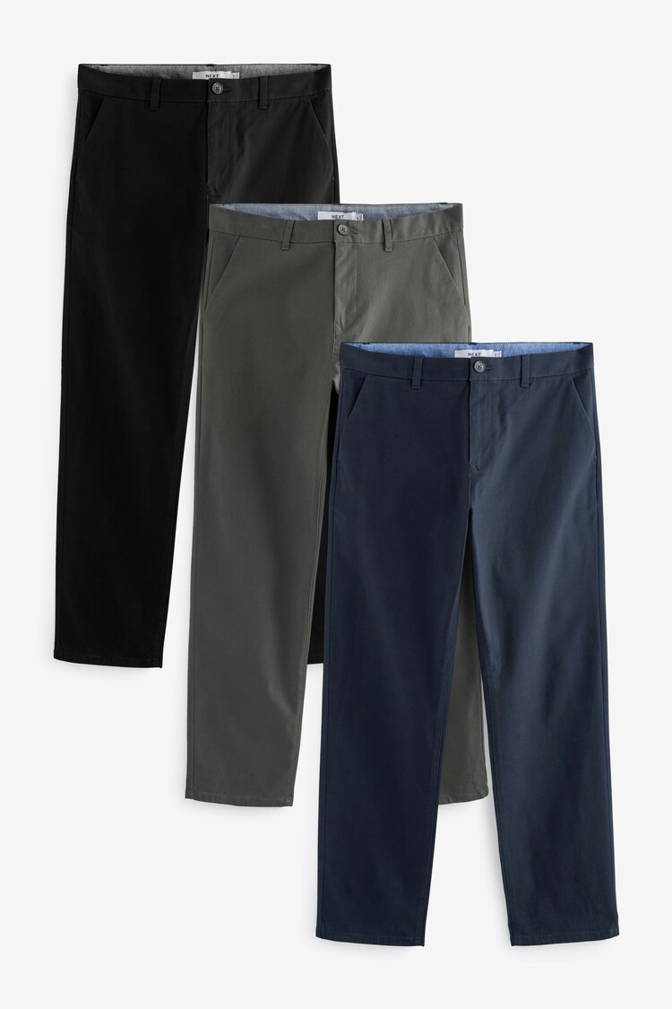 Blauw, grijs, marineblauw - Straight fit - Stretch chino's verpakking van 3 - Image 1 of 1