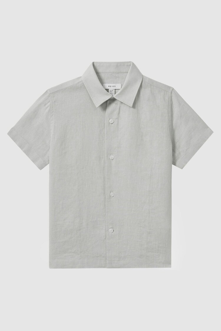Reiss Light Sage Green Holiday Short Sleeve Linen Shirt - Image 1 of 1
