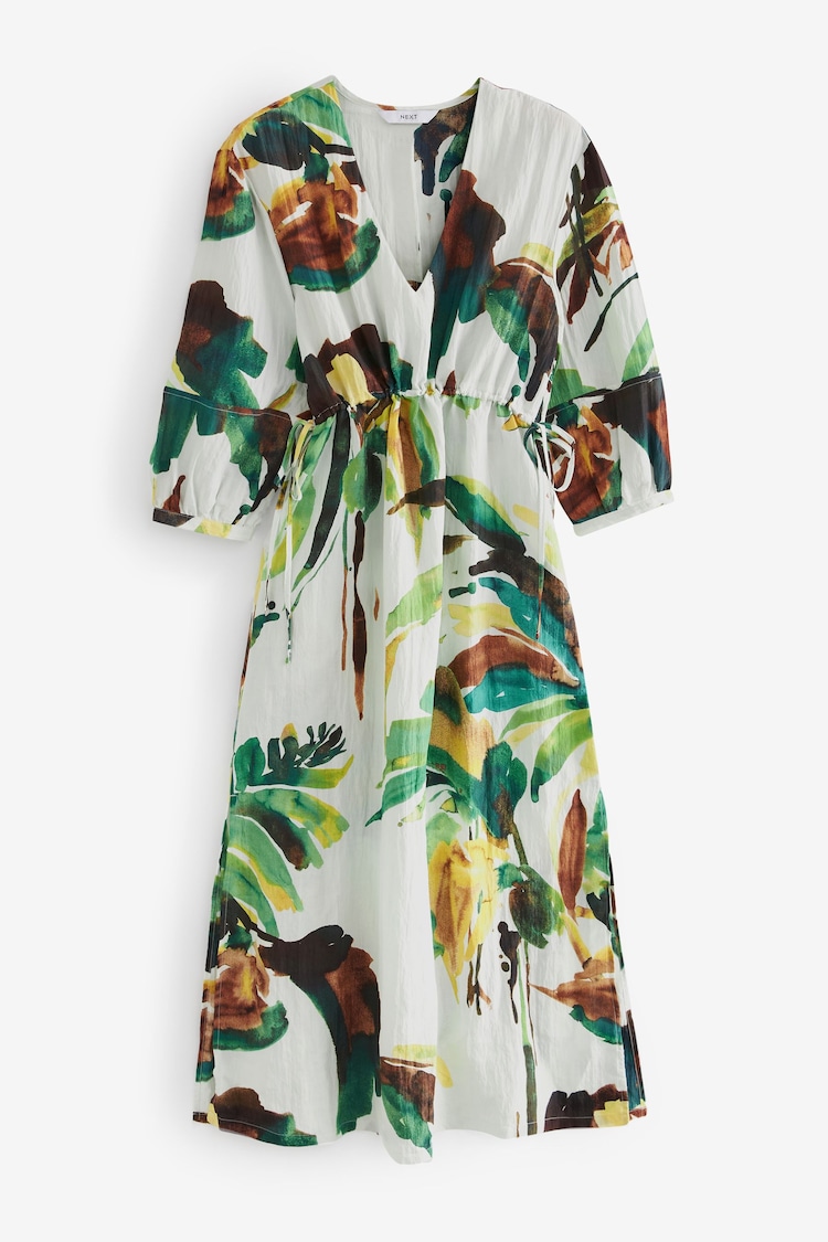 White Textured Tie-Waist Printed Midi Dress - Image 1 of 1
