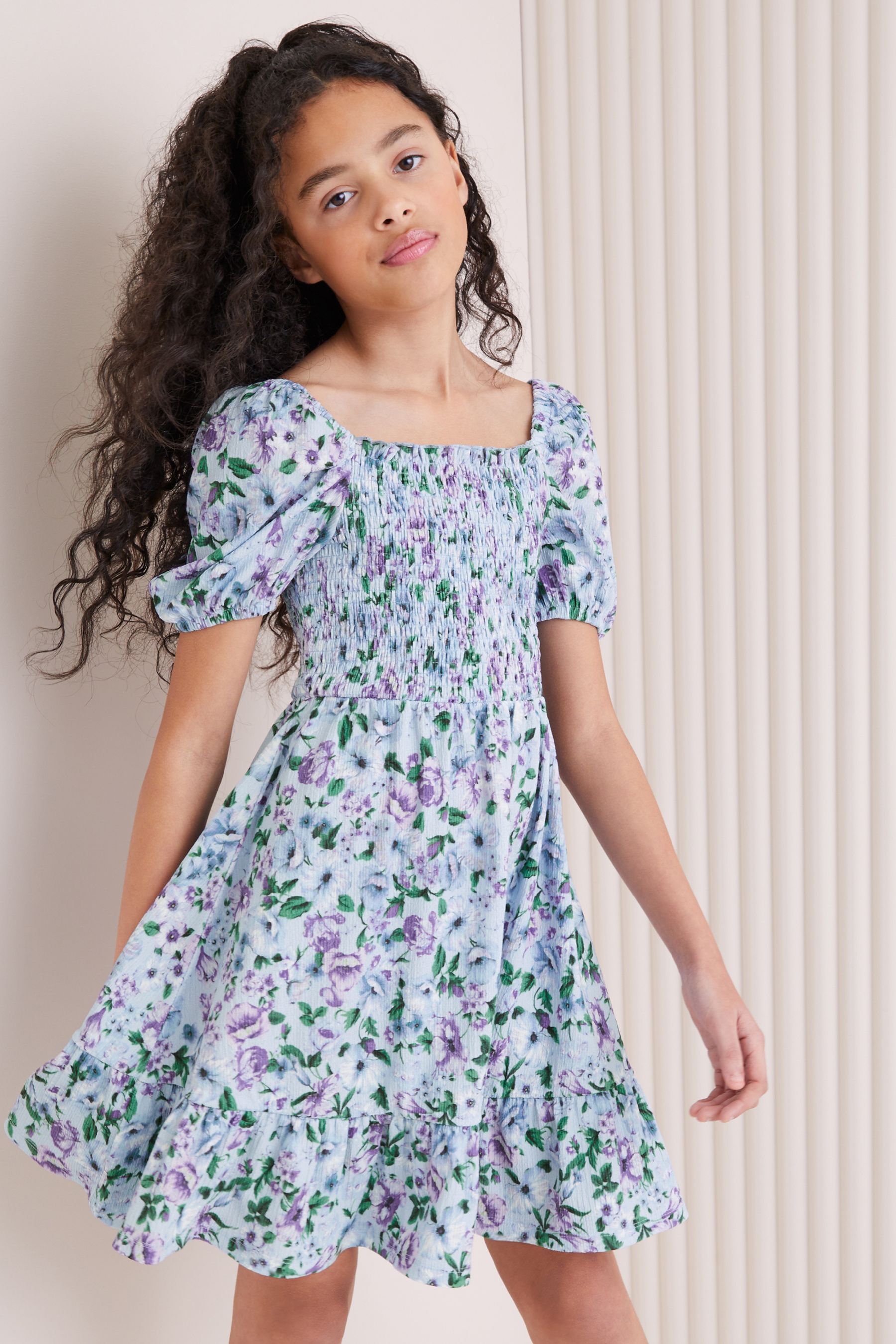 Buy Lipsy Blue Floral Square Neck Jersey Crinkle Dress from the Next UK ...