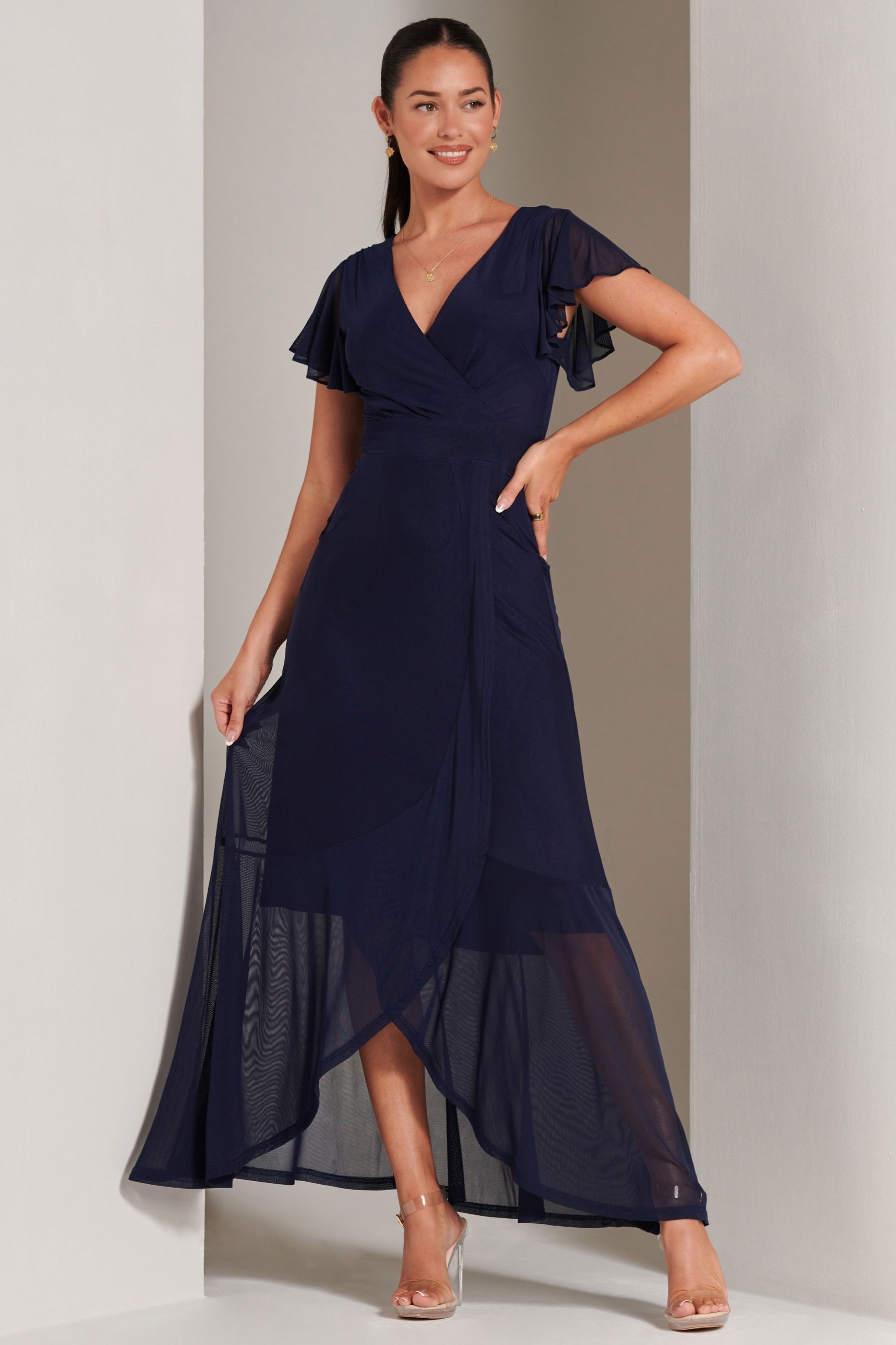 Buy Jolie Moi Blue Racquell Plain Frill Mesh Maxi Dress from Next Australia