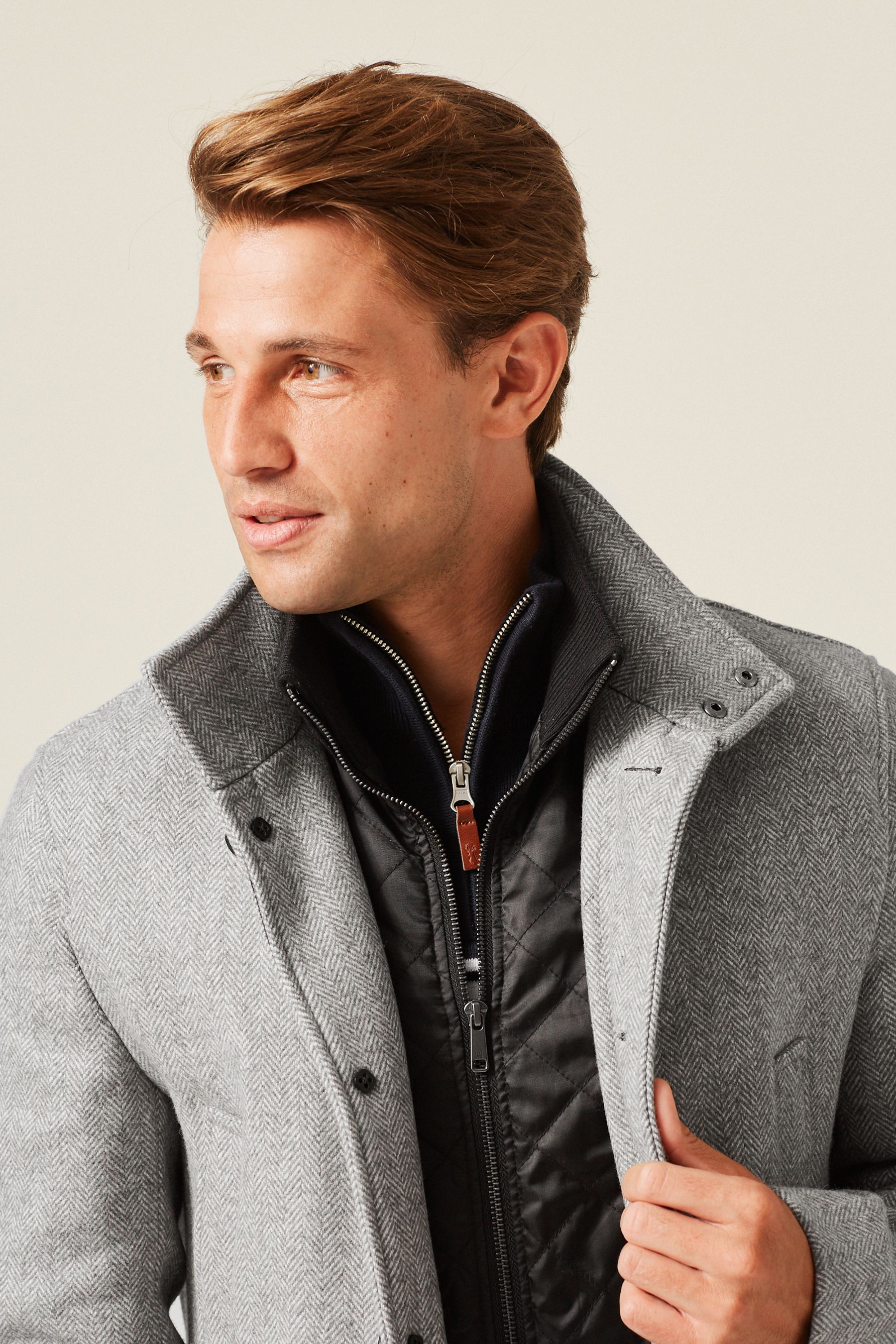Buy Light Grey Herringbone Funnel Neck Coat With Built In Gilet from