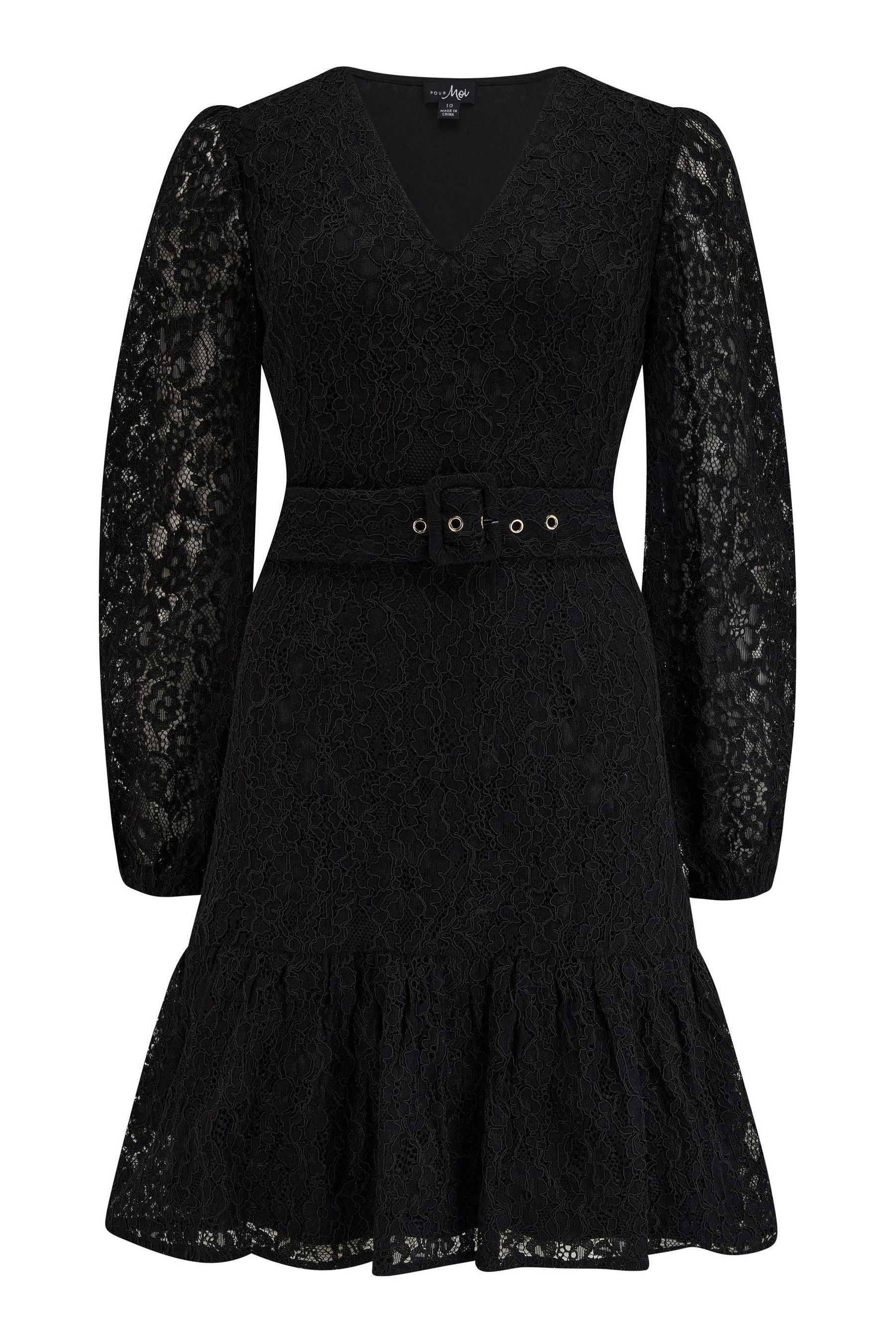 Buy Pour Moi Black Corded Lace Fitted Lorena Dress with Belt from the ...