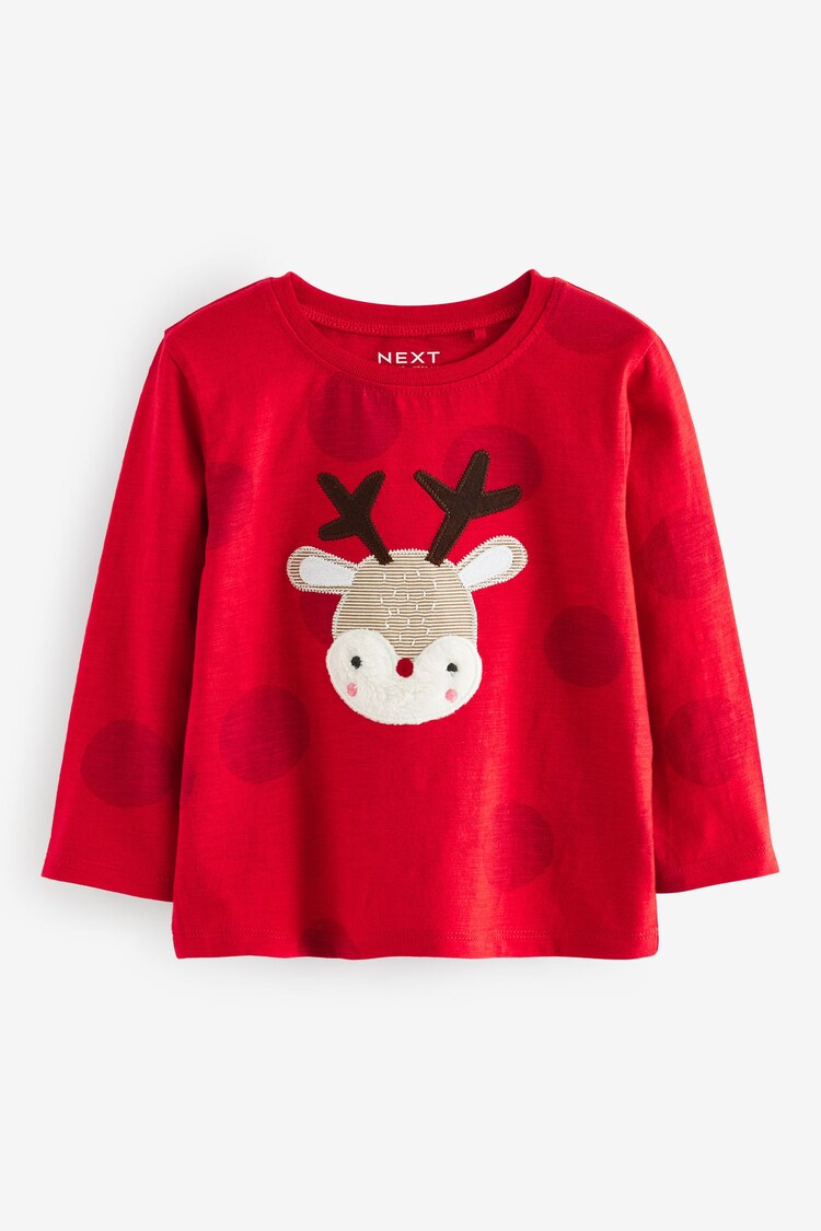 Red Applique Christmas Reindeer 100% Cotton Long Sleeve T-Shirt (3mths-7yrs) - Image 1 of 1
