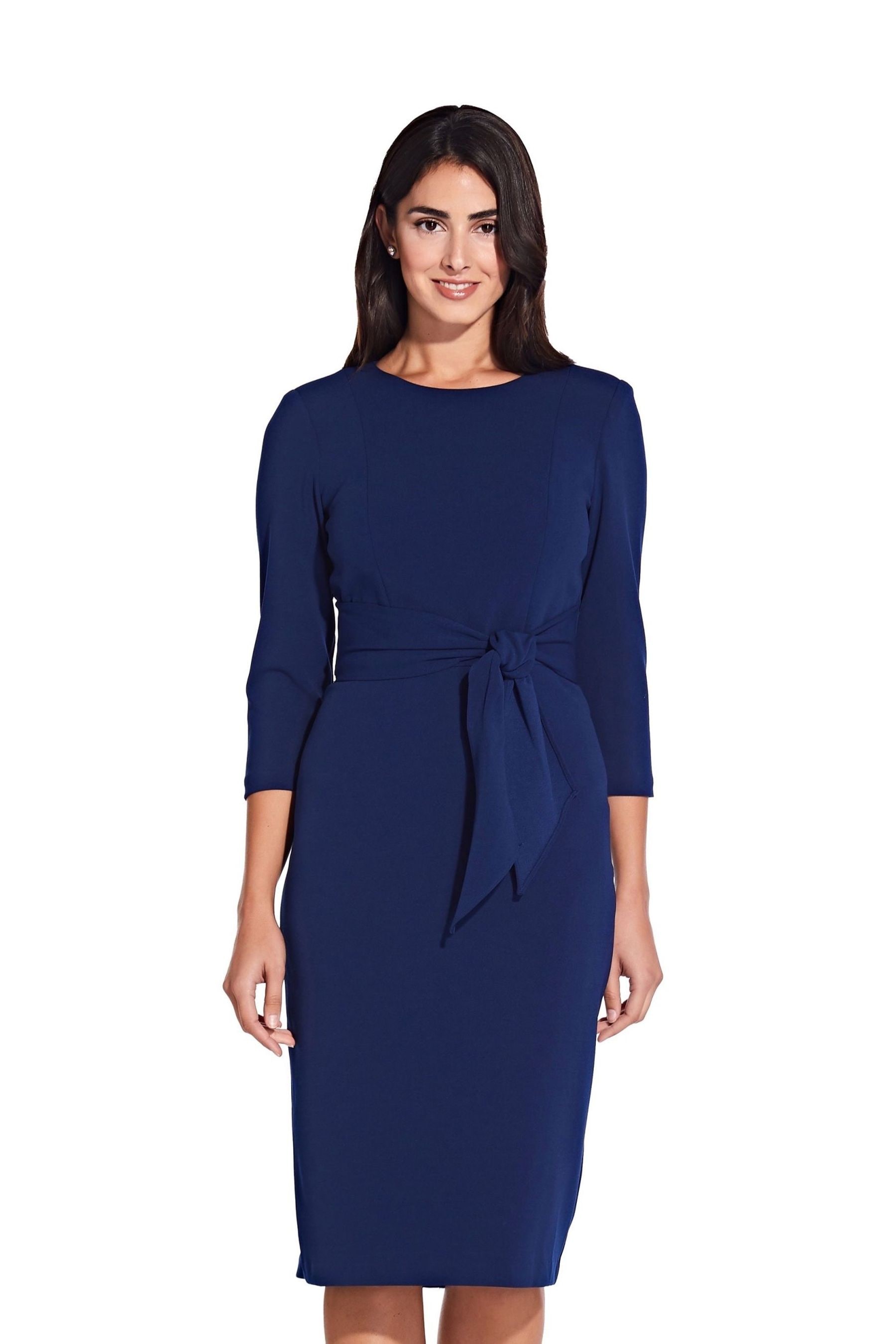 Buy Adrianna Papell Blue Knit Crepe Tie Waist Sheath Dress from the ...