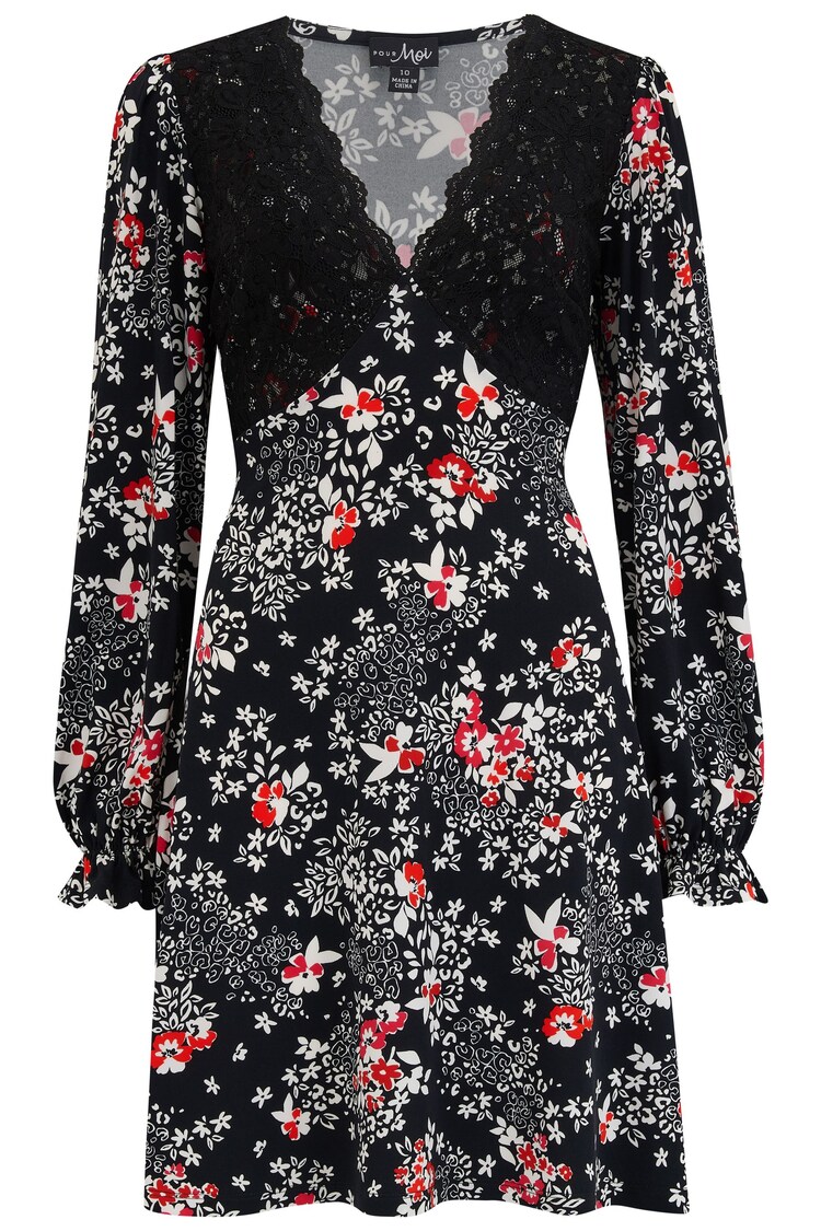 Pour Moi Black Multi Anya Fuller Bust Lace Detail Slinky Jersey Long Sleeve Tea Dress - Image 1 of 1