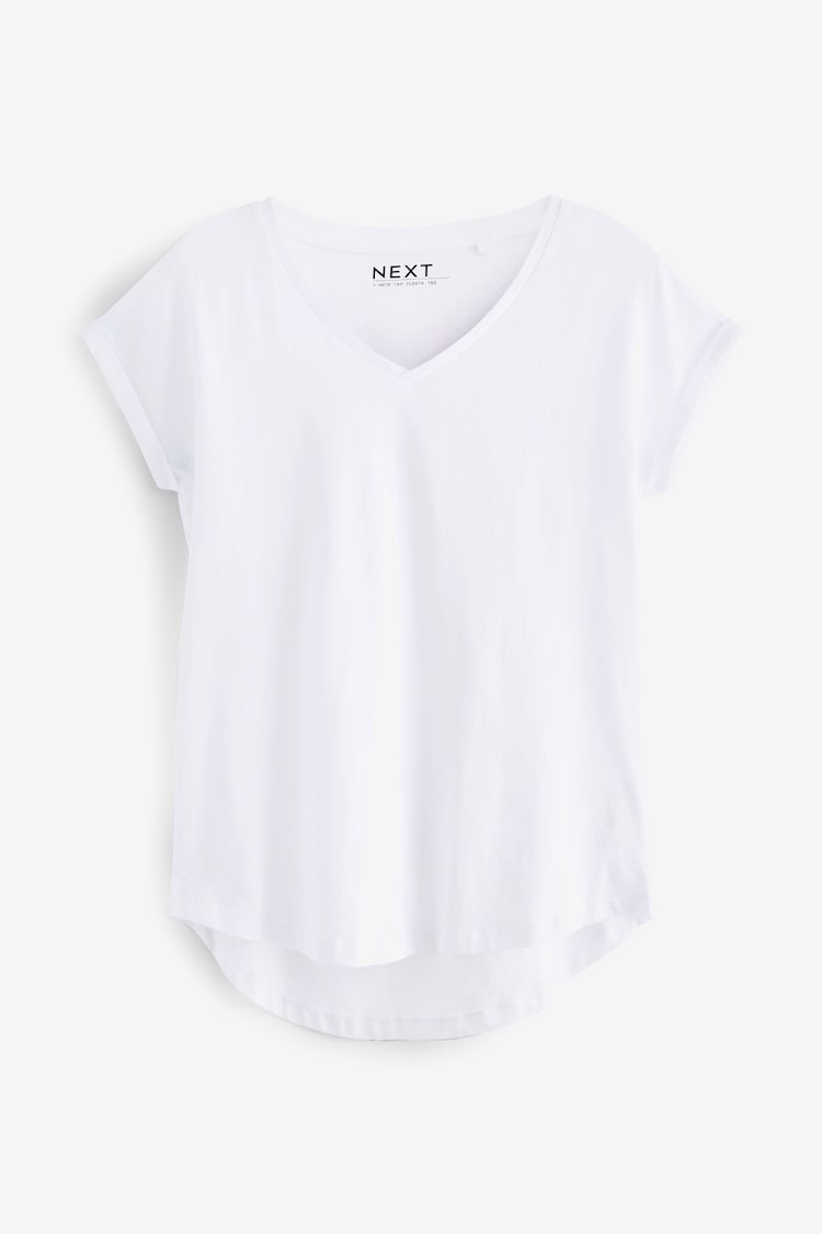White Shallow V-Neck 100% Cotton Rich Cap Sleeve T-Shirt - Image 1 of 1
