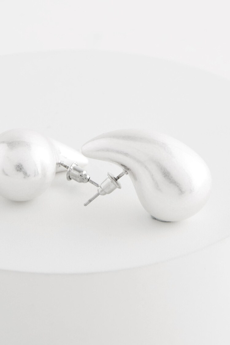 Brushed Silver Tone Teardrop Statement Stud Earrings - Image 1 of 1