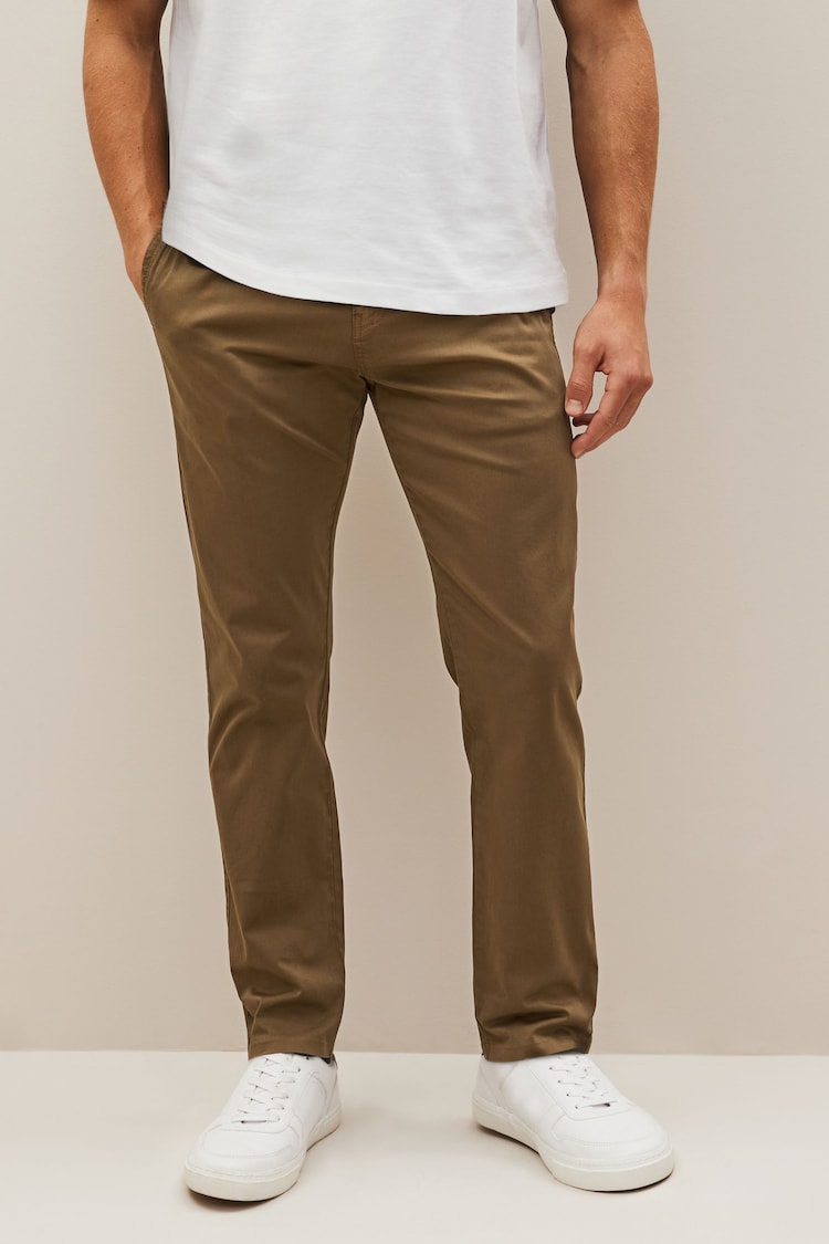 Tan Brown Slim Fit Premium Laundered Stretch Chinos Trousers - Image 1 of 1