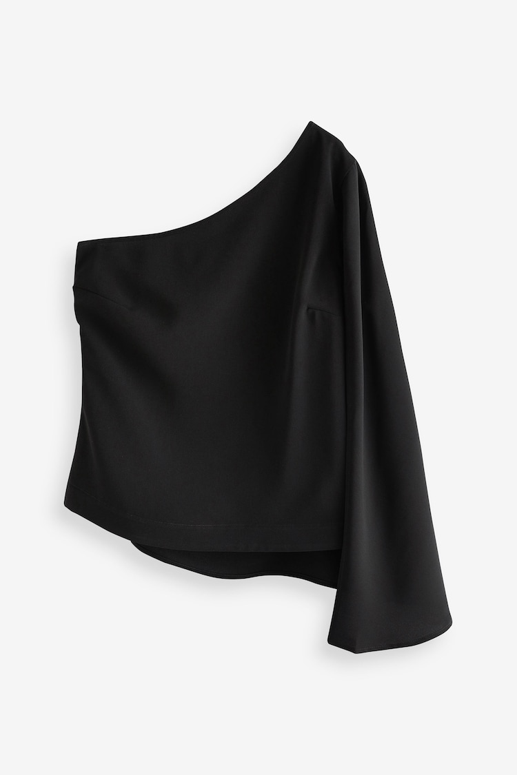 Schwarz - Oberteil mit One-Shoulder-Capeärmel - Bild 1 von 1 Schwarz - Oberteil mit One-Shoulder-Capeärmel - Bild 1 von 1