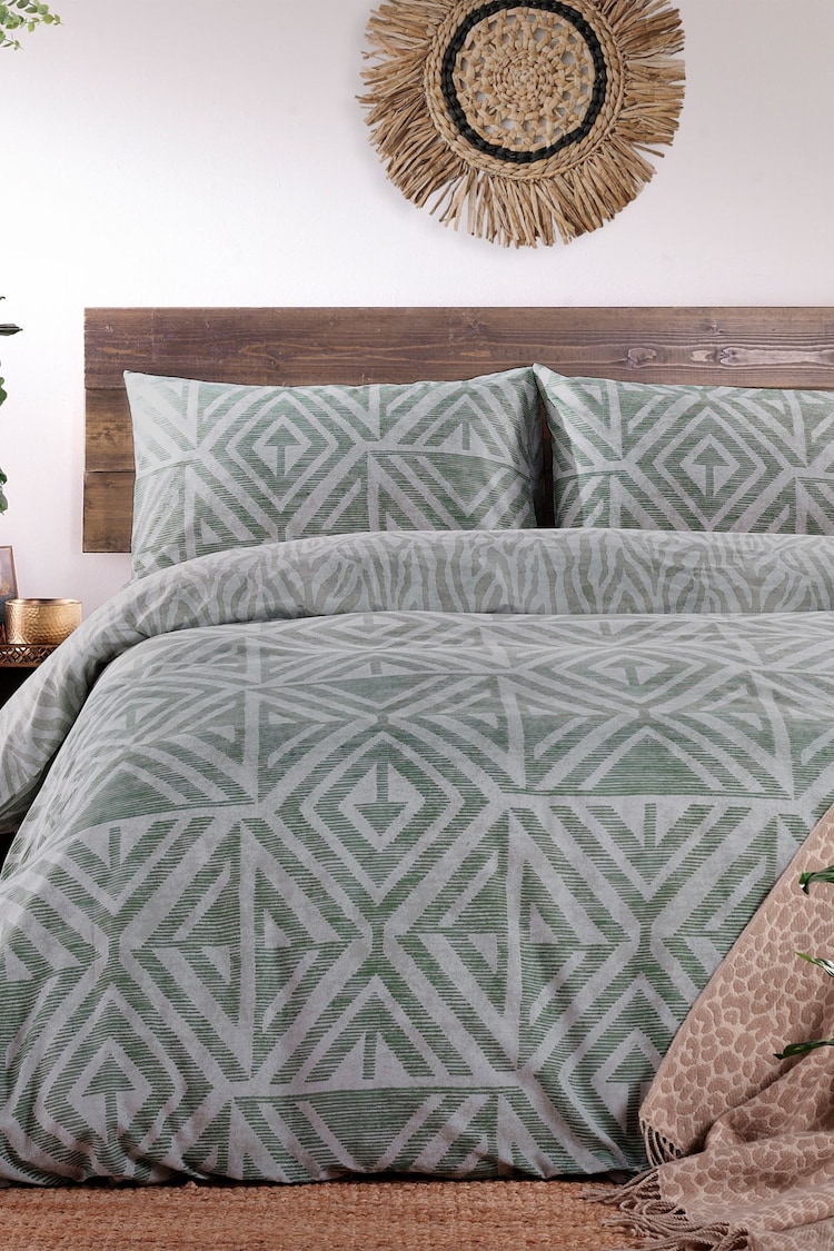 furn. Sage Green Tanza Global Geometric Reversible Duvet Cover and Pillowcase Set - Image 1 of 1