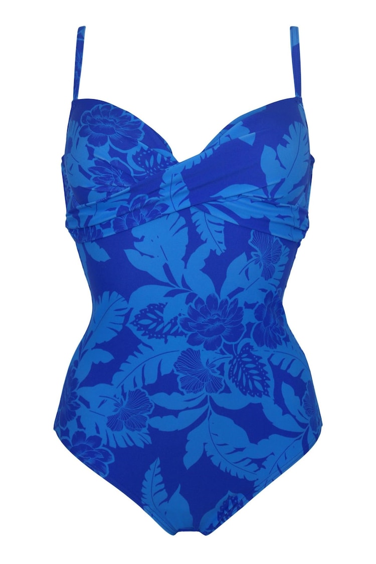 Pour Moi Blue Tropical Lightly Padded Underwired Twist Front Control Swimsuit - Image 1 of 1