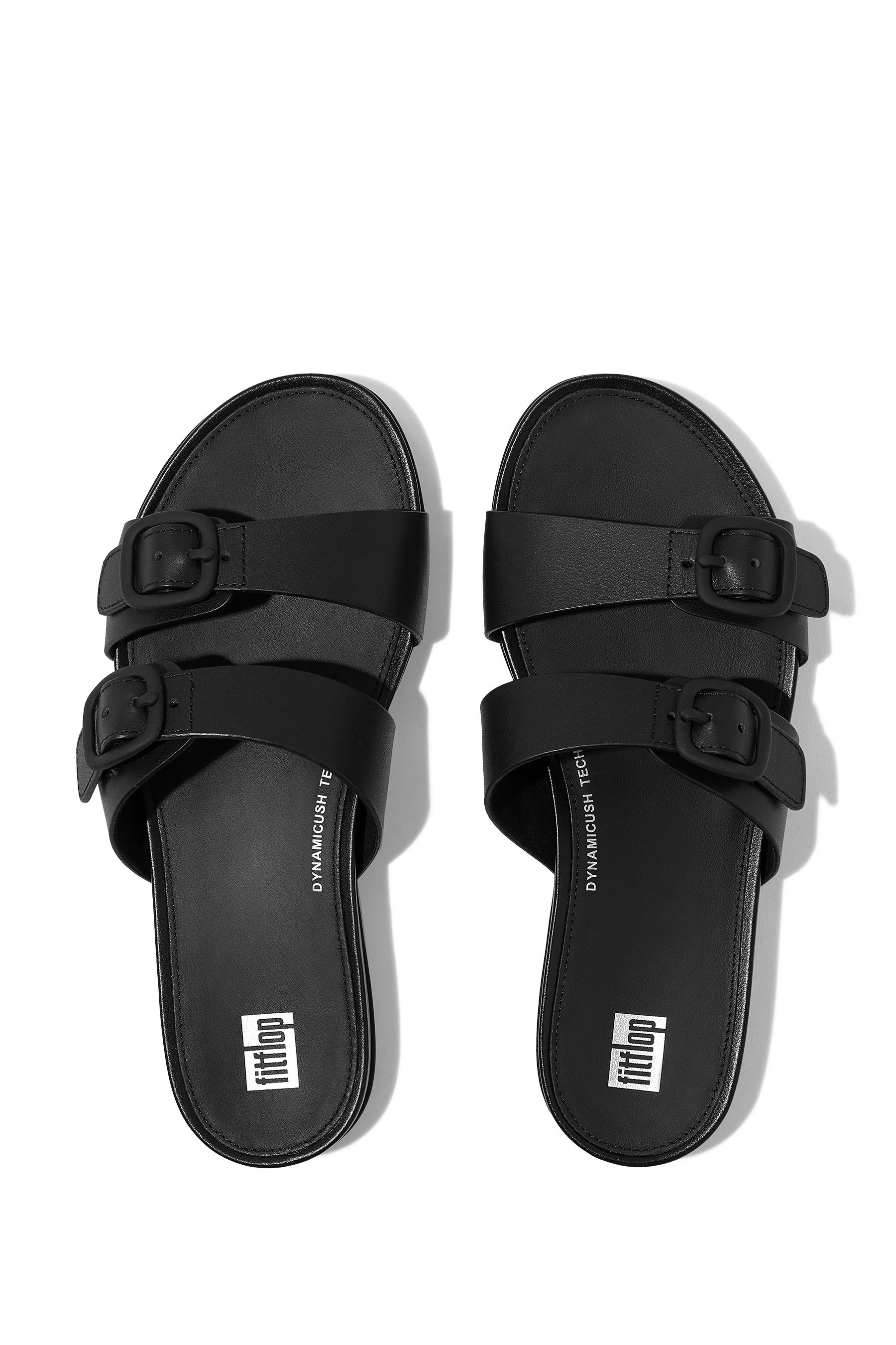 Buy FitFlop Gracie Black Rubbre-Buckle Two-Bar Leather Slides from the ...