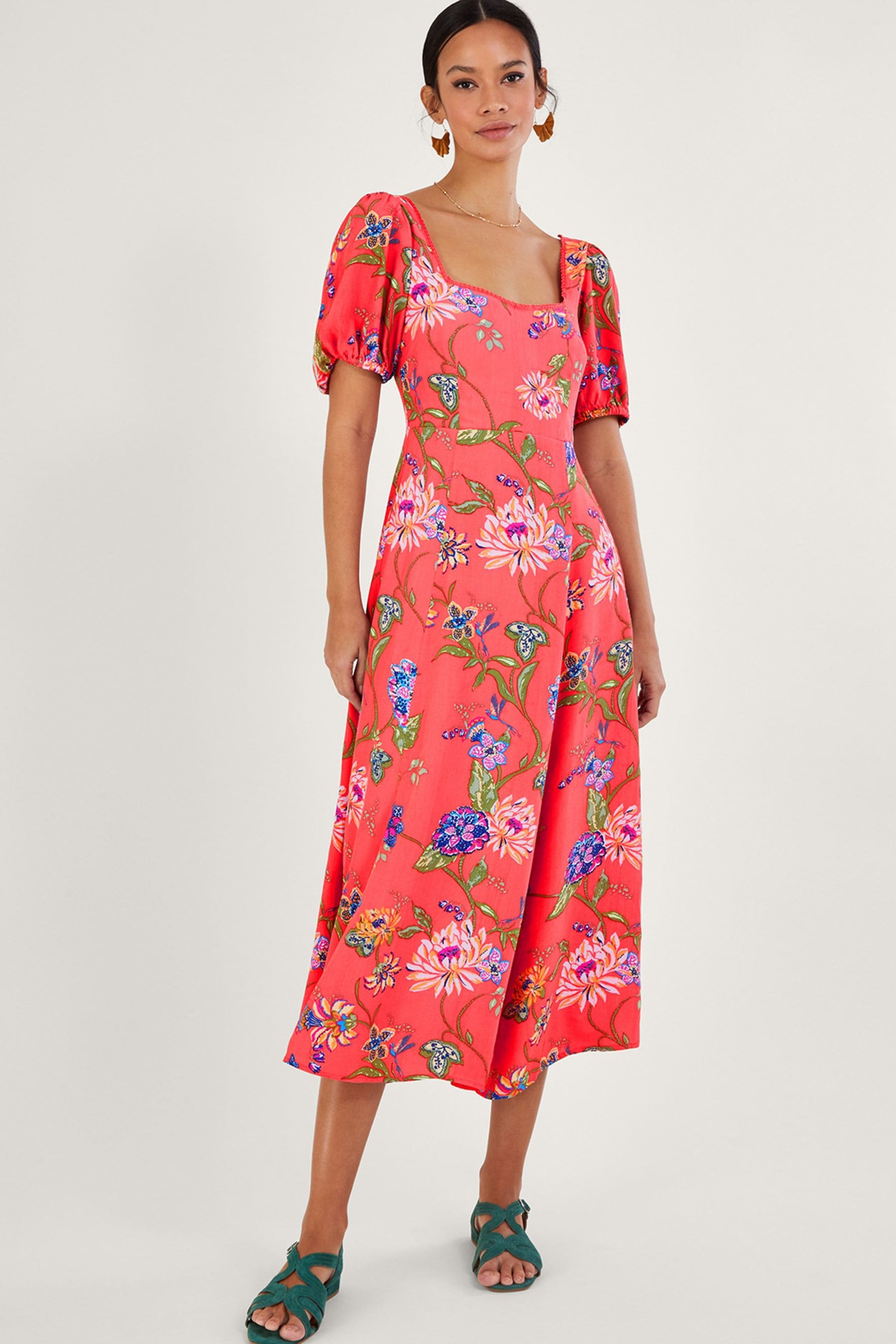 Buy Monsoon Orange Regina Floral Print Tea Dress with Sustainable ...