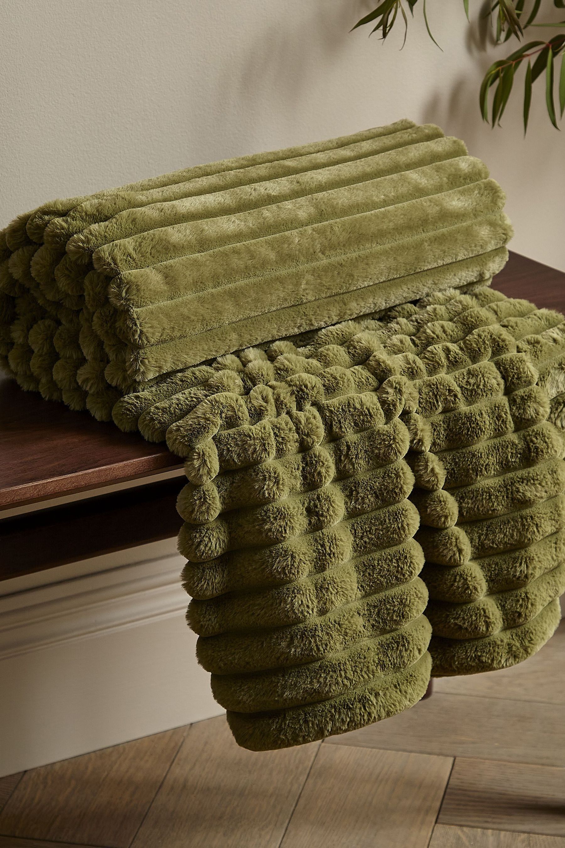 Buy Catherine Lansfield Olive Green Soft and Cosy Ribbed Faux Fur Throw
