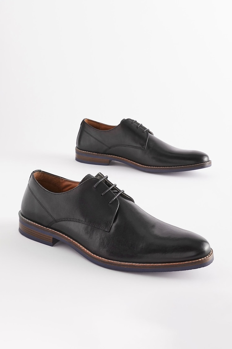 Black Standard Fit Leather Derby Shoes with Navy Contrast Sole - Image 1 of 1