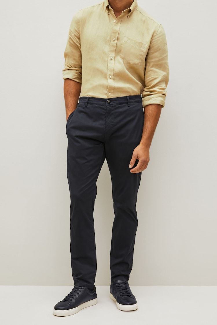 Navy Blue Slim Fit Premium Laundered Stretch Chinos Trousers - Image 1 of 1