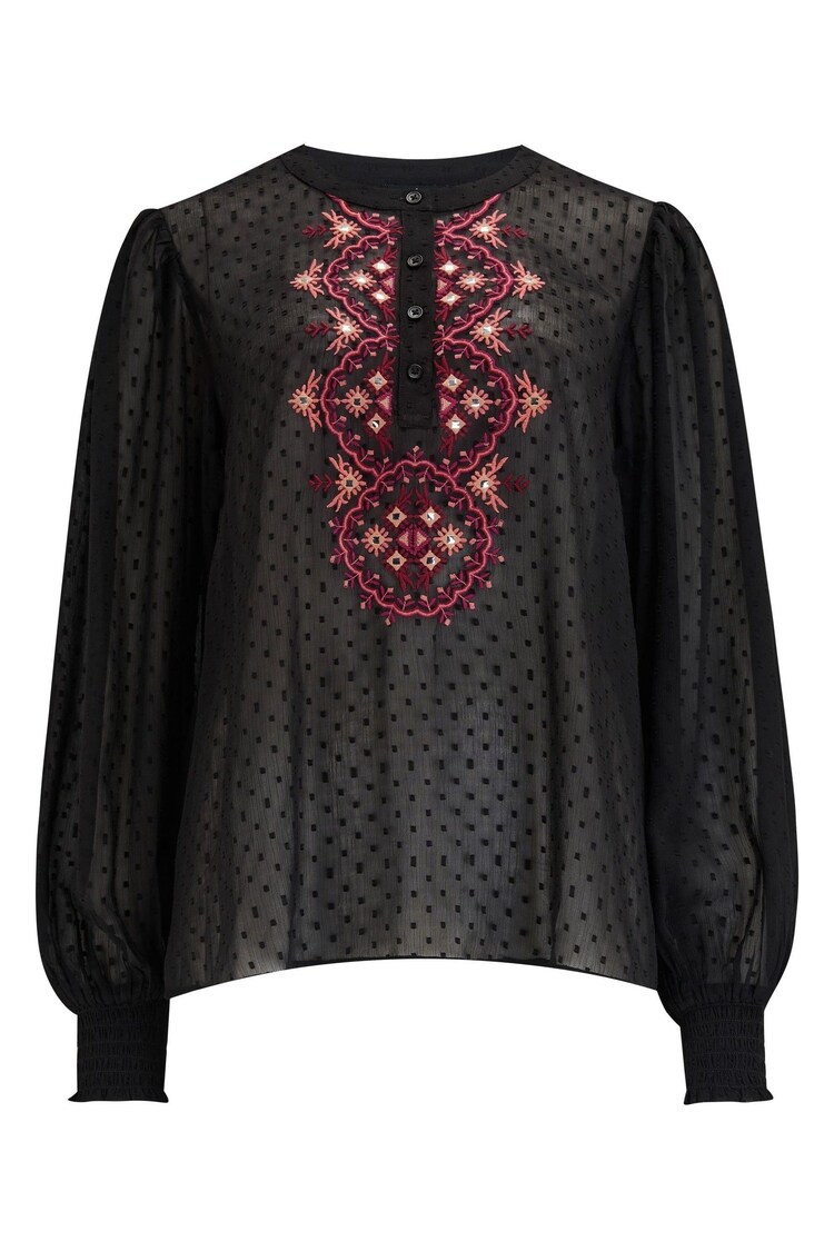 Pour Moi Black Embroidered Natasha Dobby Chiffon Long Sleeve Top - Image 1 of 1