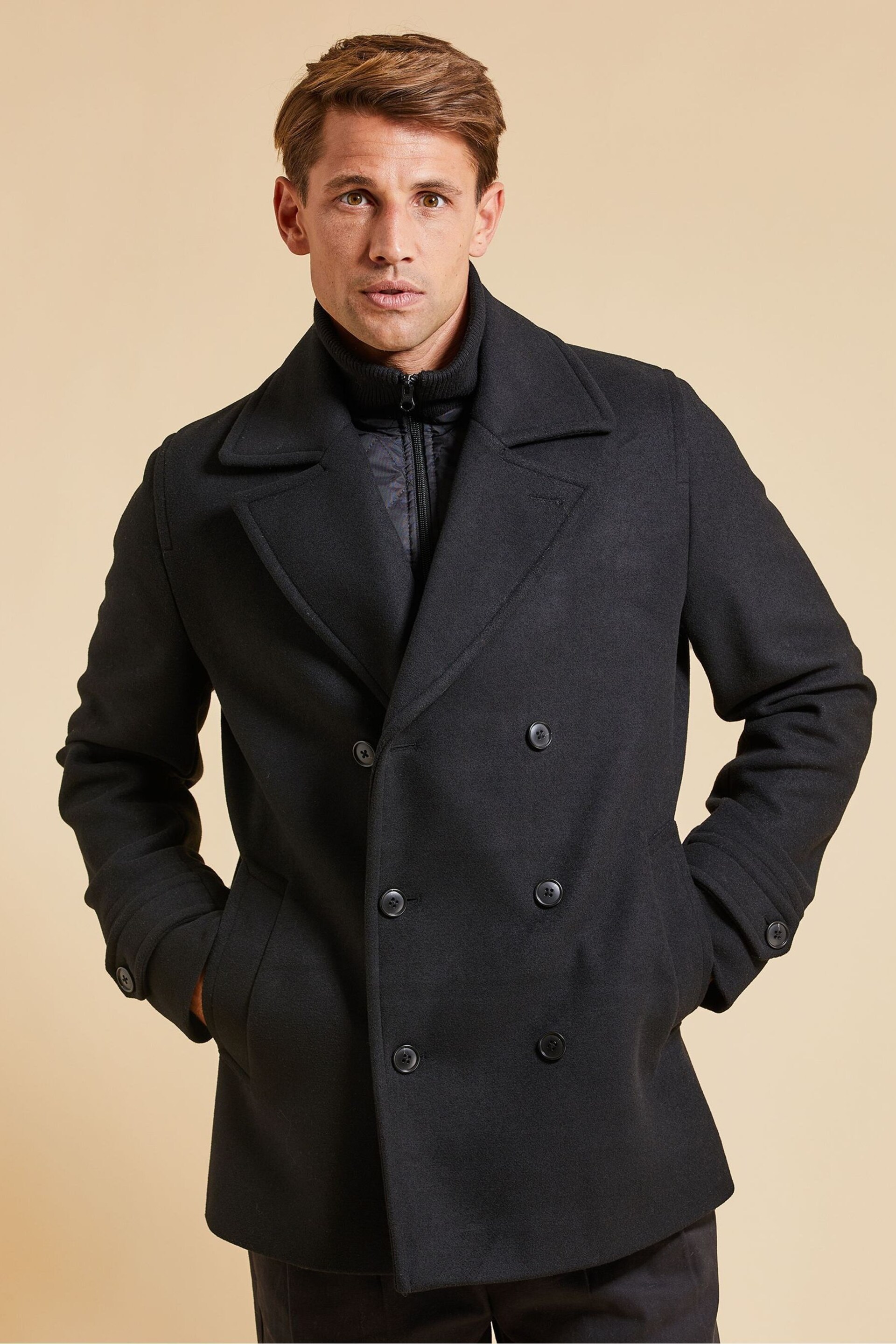 Threadbare Black Luxe Double Breasted Tailored Coat with Mock Layer - Image 1 of 1