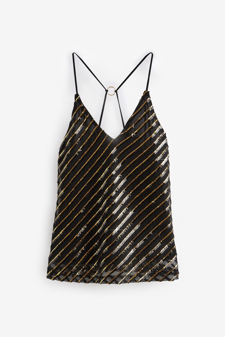 Black and Gold V-Neck Sequin Cami Top - Image 1 of 1