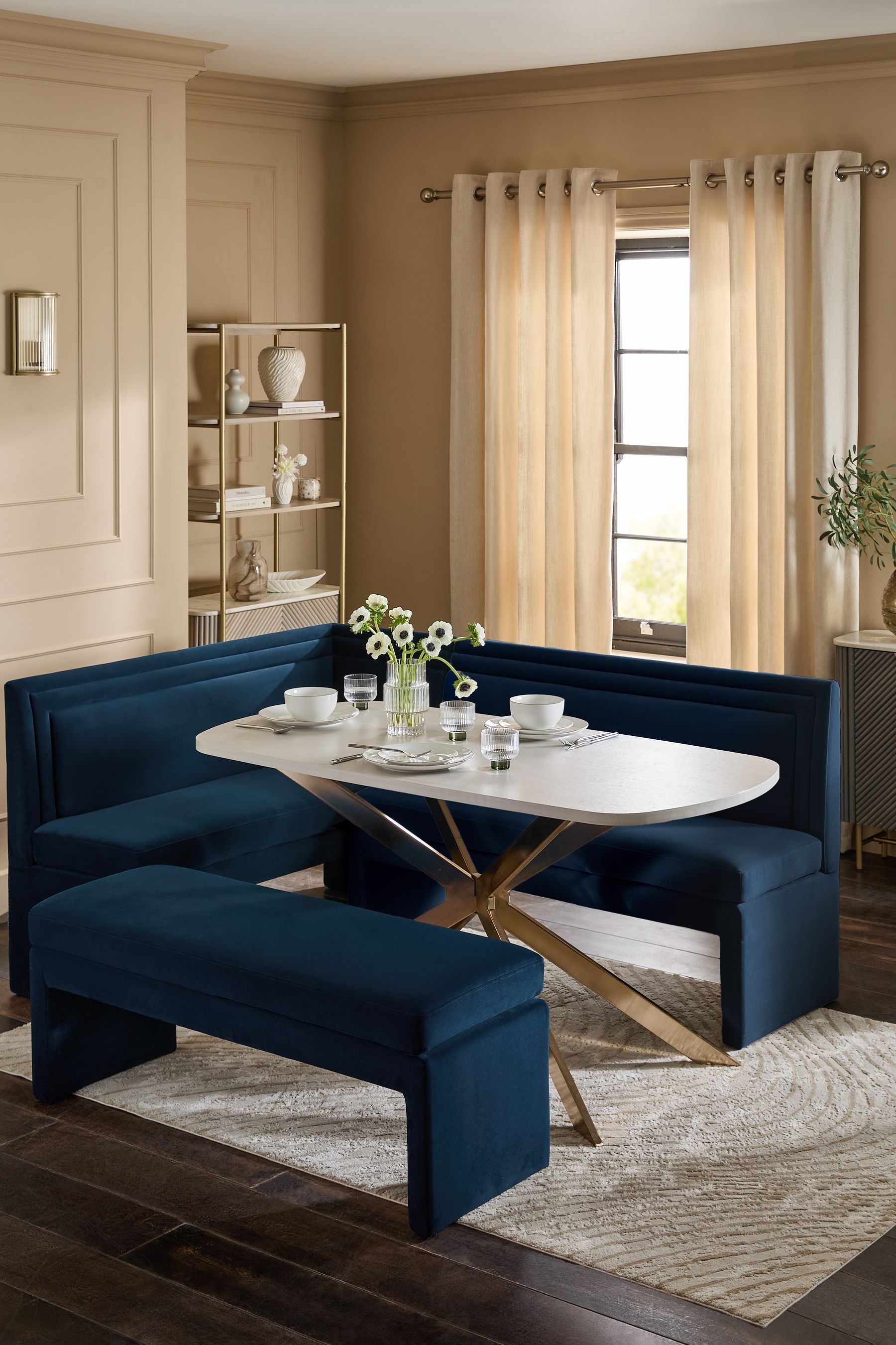 Buy Soft Velvet Navy 6 Seater Evie Dining Table and Corner Bench Set ...