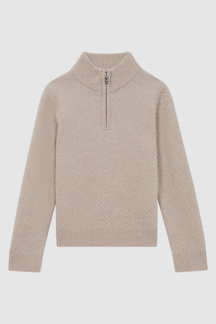 Reiss Oatmeal Melange Tempo Junior Slim Fit Knitted Half-Zip Funnel Neck Jumper - Image 1 of 1