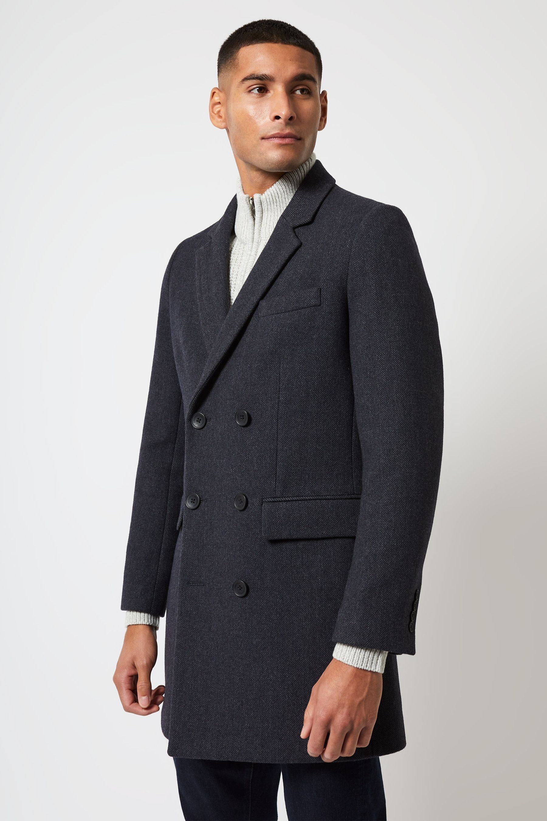 Buy French Connection Dark Blue Overcoat Herringbone Jacket from the ...