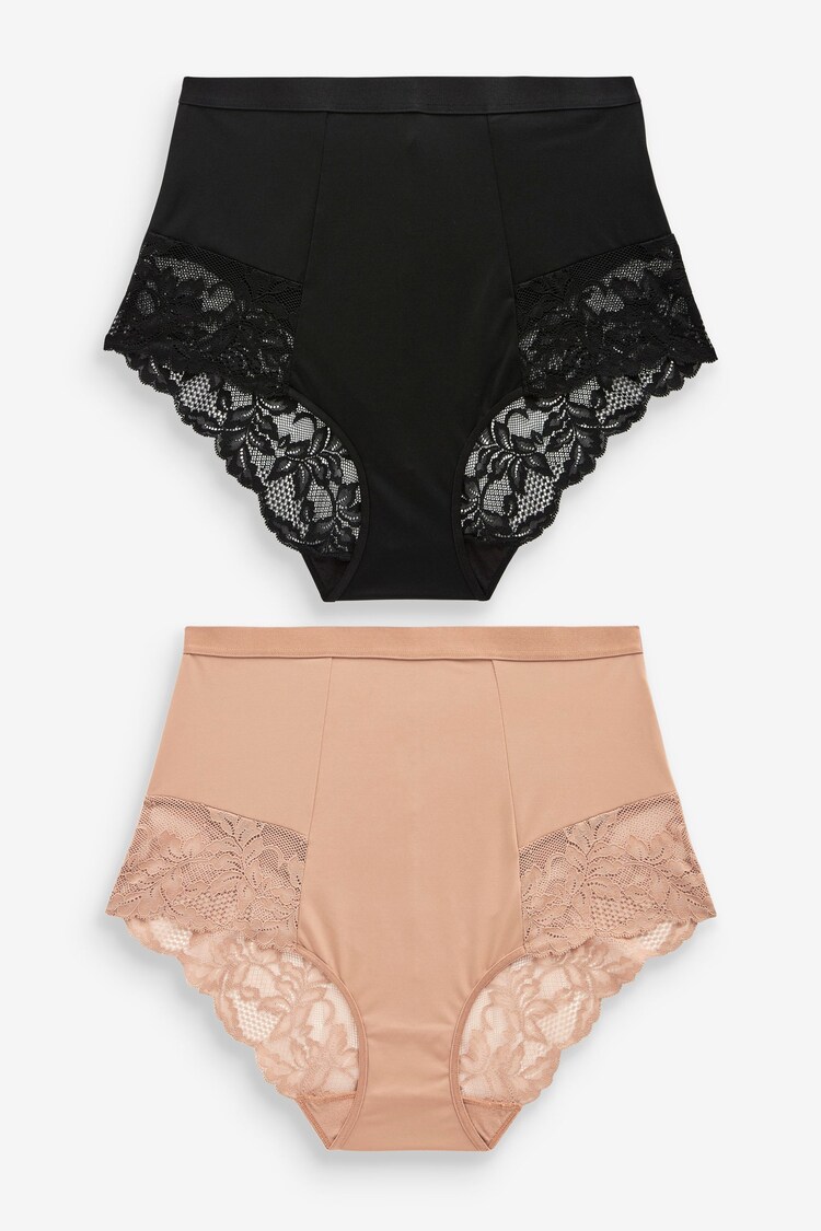 Schwarz / Praline, Nude - Figurformender Brazilian-Slip mit Print und Spitze an der Rückseite, 2er-Pack - Bild 1 von 1 Schwarz / Praline, Nude - Figurformender Brazilian-Slip mit Print und Spitze an der Rückseite, 2er-Pack - Bild 1 von 1